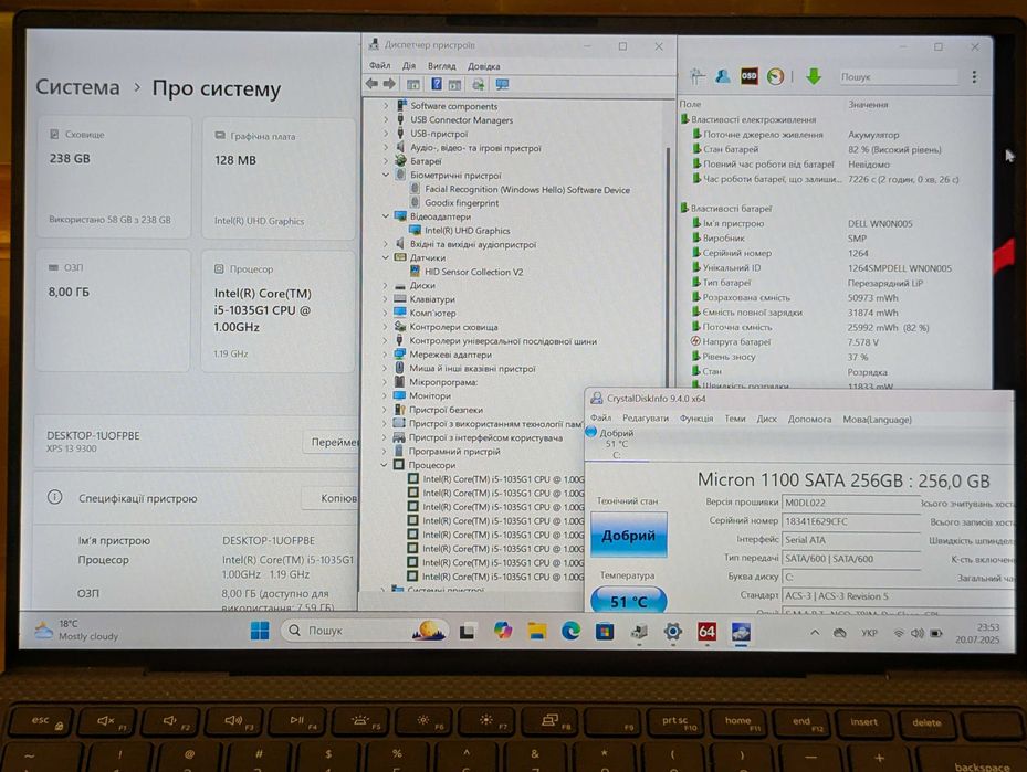 Dell XPS 13 9300, i5-1035G1, FHD IPS+, 8 RAM, 256 ssd