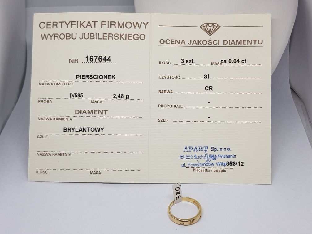 Złoty pierścionek z brylantami złoto 585 Rozmiar 12