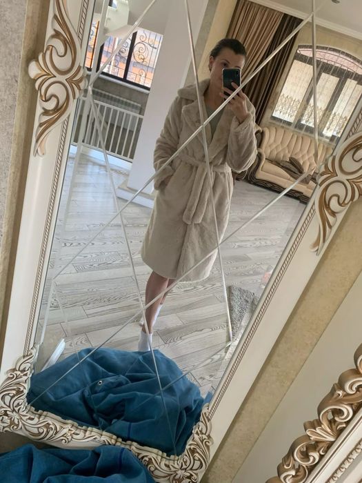 Шуба бежева шубка хакі S M пальто плюшеве екошуба искусственная L XL