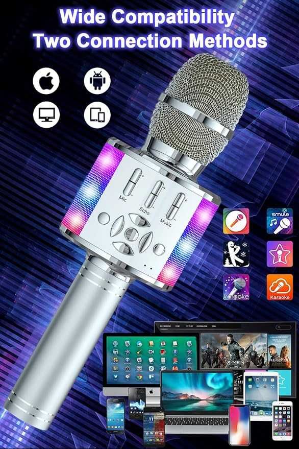 Mikrofon do karaoke Bluetooth echo LED głośnik iOS Android srebrny