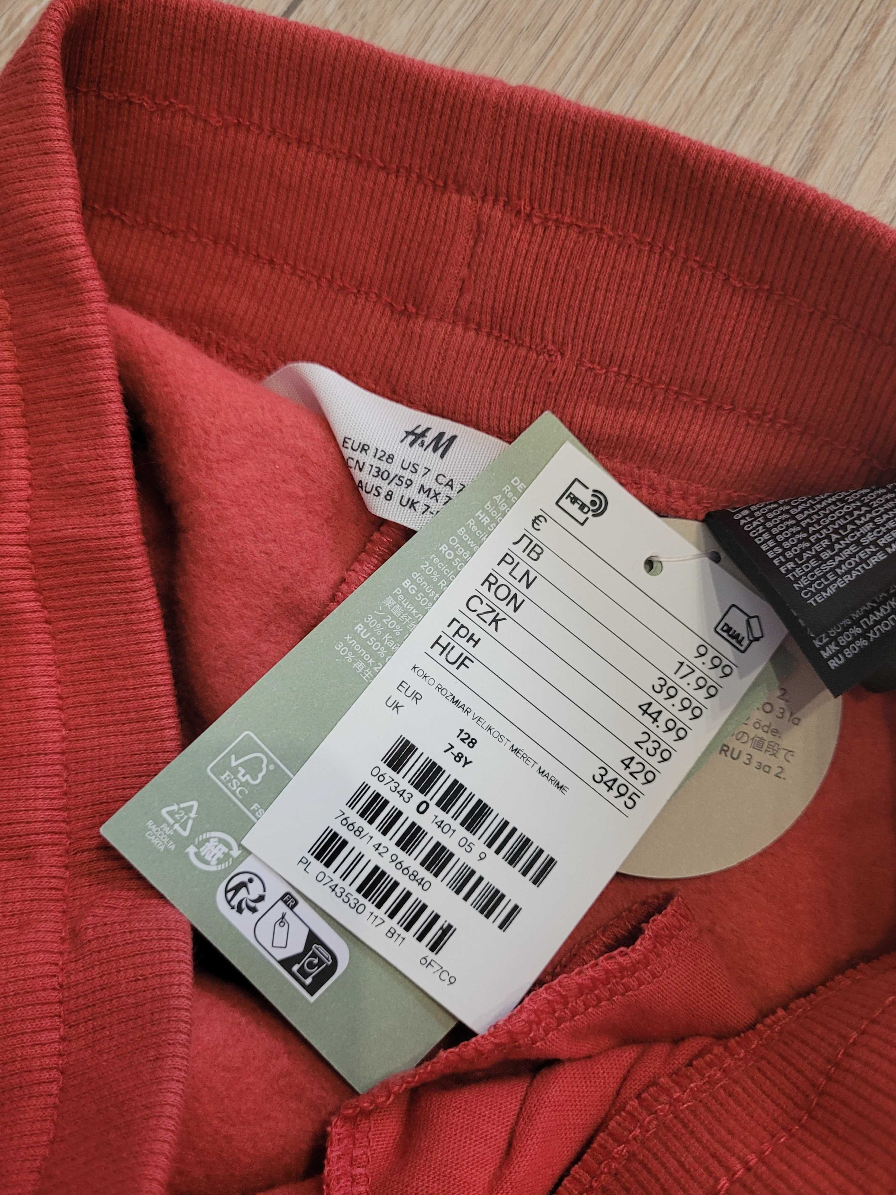 128 Nowe joggery dresowe chłopięce H&M czerwone joggersy z meszkiem