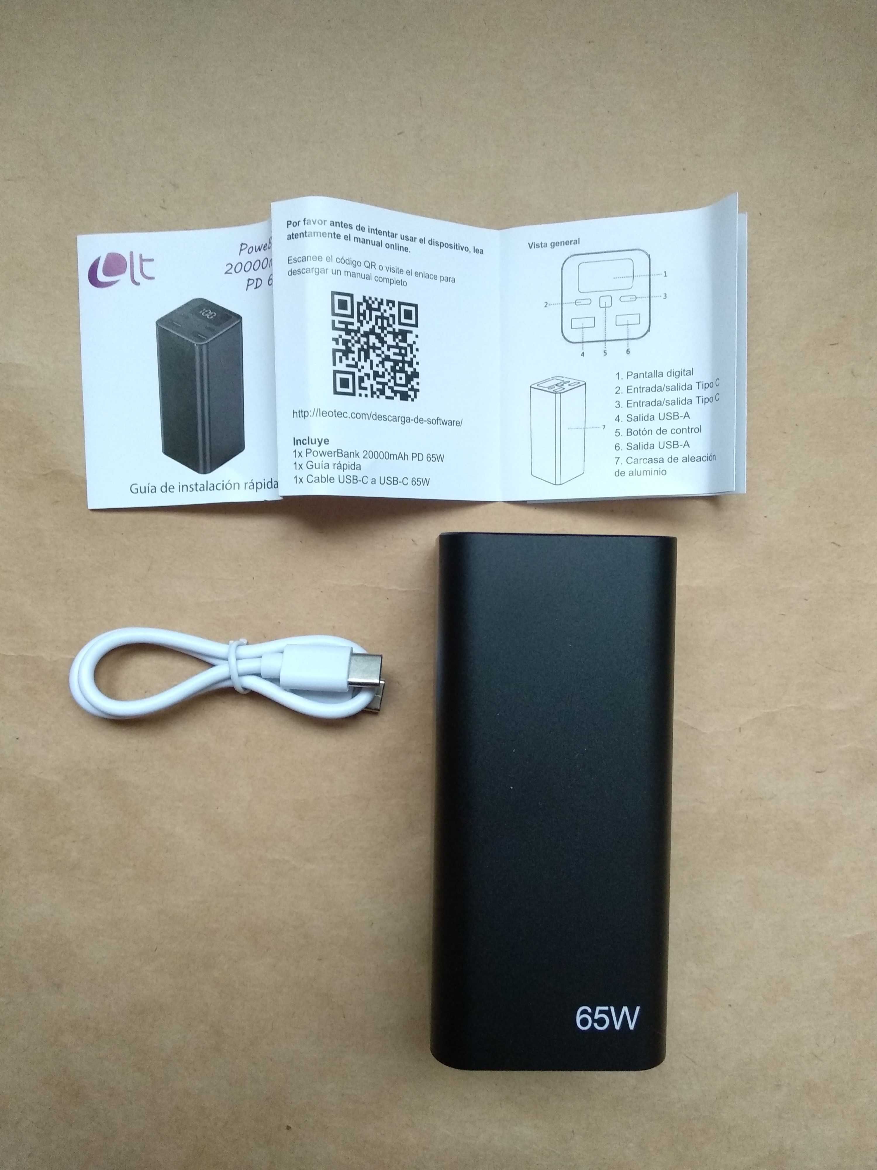 PowerBank 20000mAh USB-C PD 65W для ноутбуків, планшетів, телефонів.