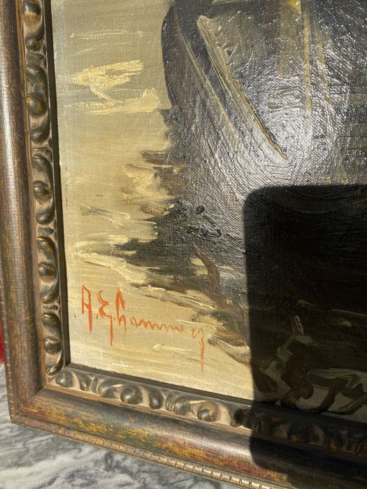 Óleo sobre tela “Barques de pêche au port” Pintor belga Lemmers séc 19