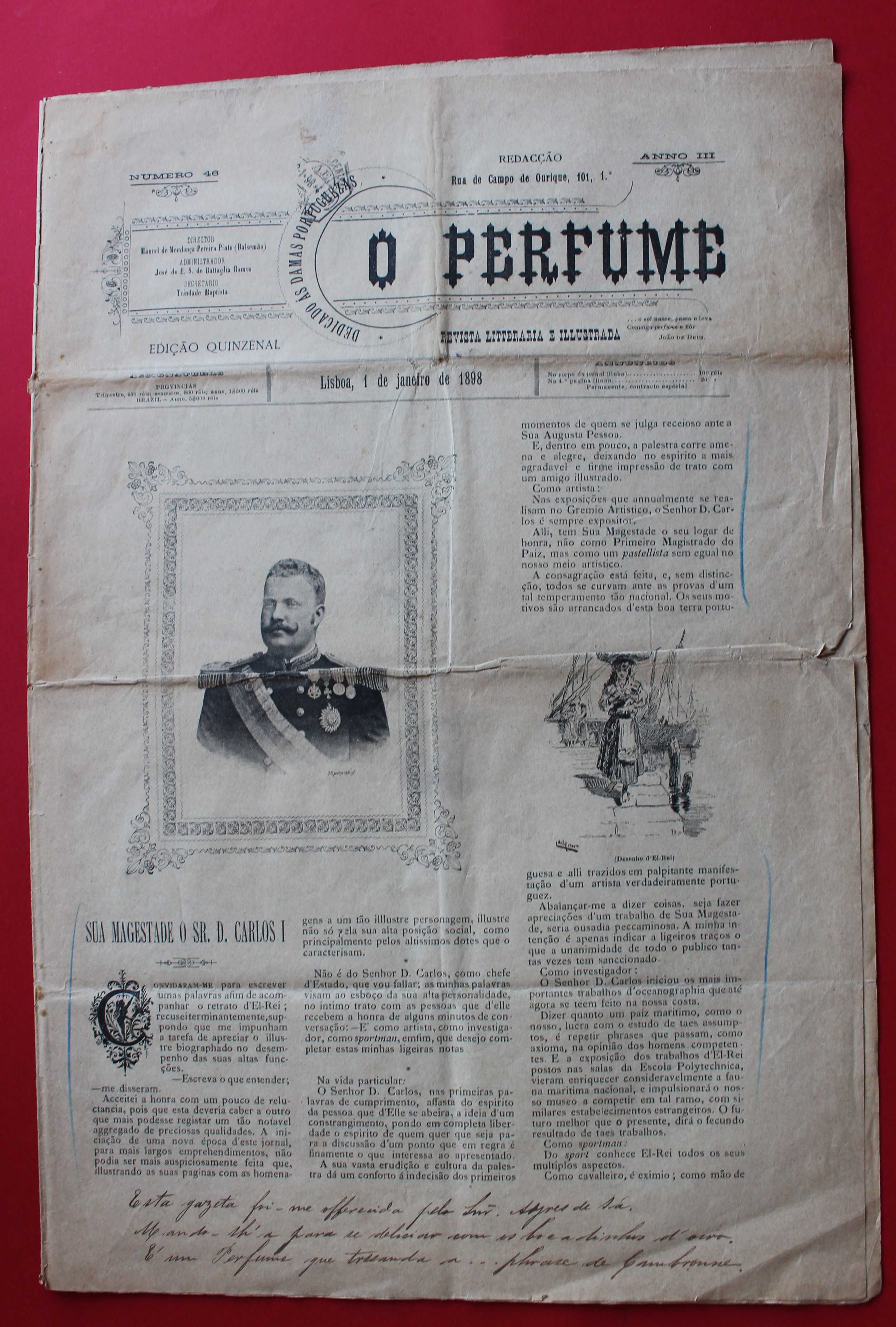 Rei D Carlos no jornal O PERFUME 1898 dir. Manuel Pinto Balsemão