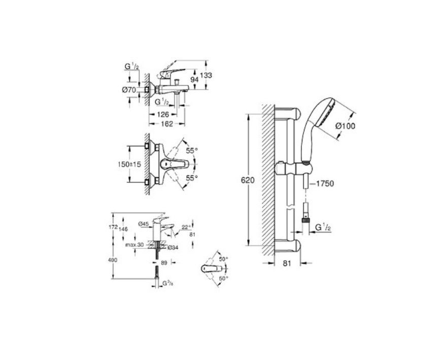 GROHE BAU FLOW 121624 S Набір змішувачів для ванни 3 в 1