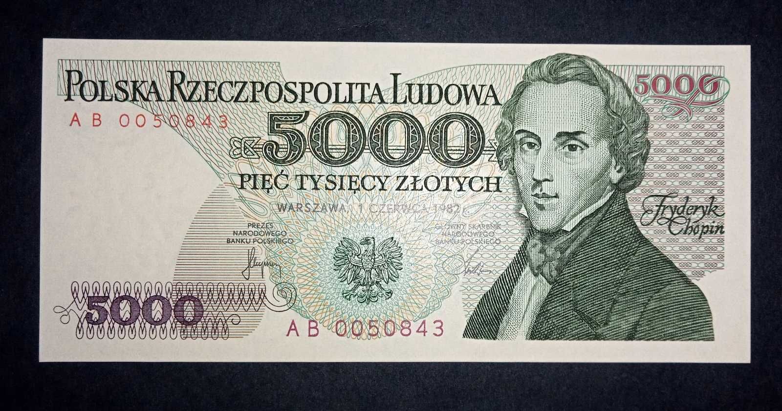 Banknot PRL 5000 zł UNC  1982 r.  seria AB
