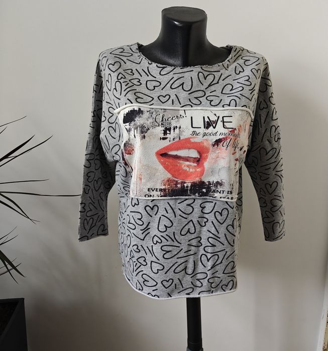 Bluzka koszulka rękawem 3/4 serca oversize luźna XS S bawełna
