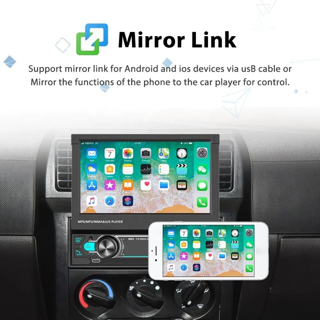 Rádio 1din 7" Retrátil Bluetooth Dual USB Fast Charging Mirrorlink FM