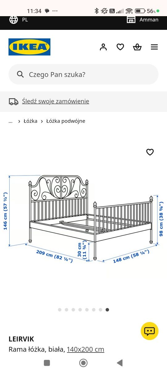 Rezerwacja.  Łóżko ikea leirvik 140x200