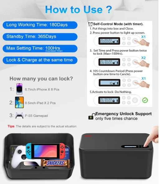 IDiskk blokada telefonu z timerem sejf na telefon gry wideo czarny