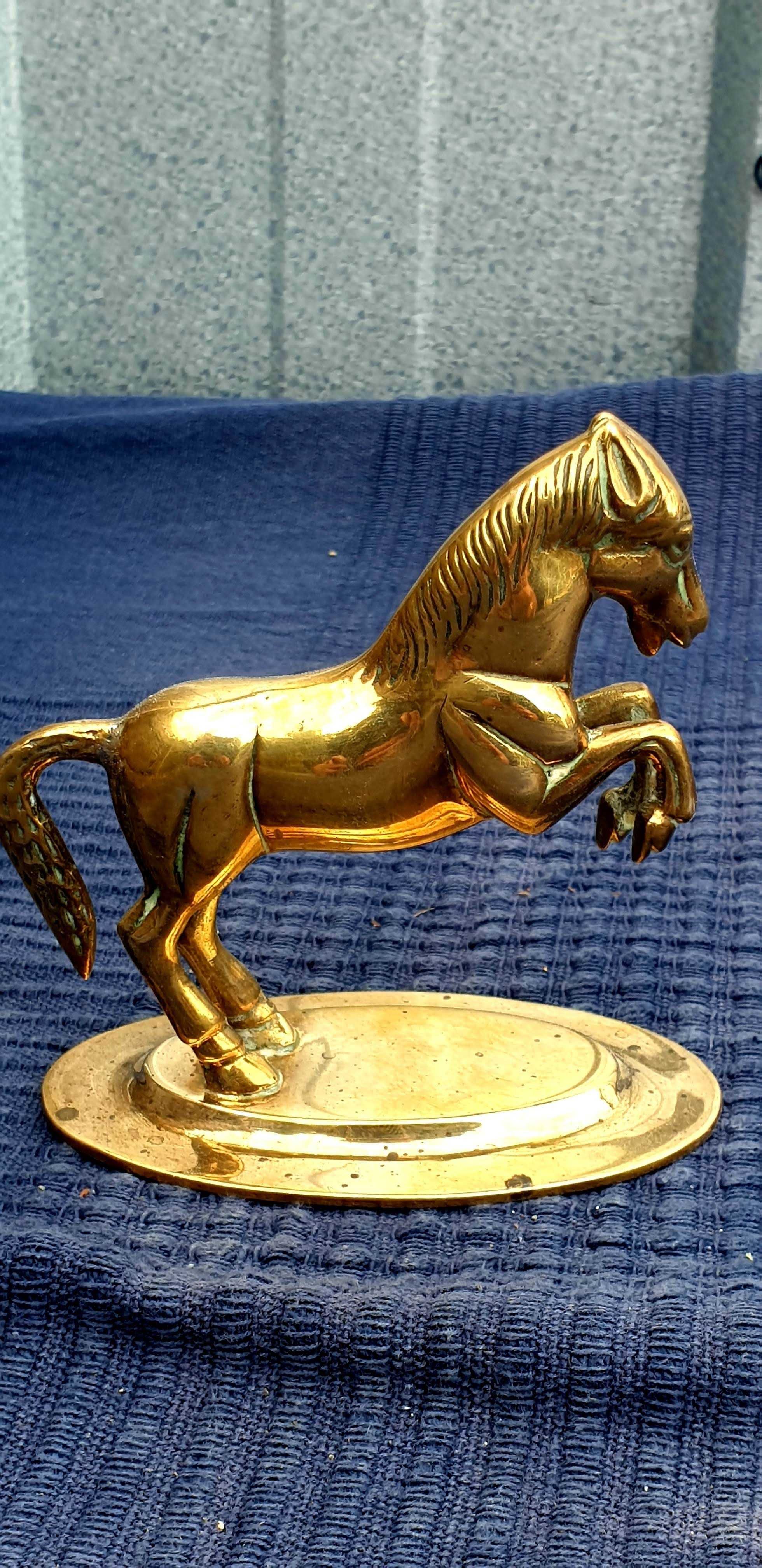 Mosiądz,  ładny,  poderwany , mosiężny koń na owalnej podstawie 9cm