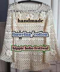 XS 34 kremowy sweter handmade festiwal ażur rękawy klosz hippie boho