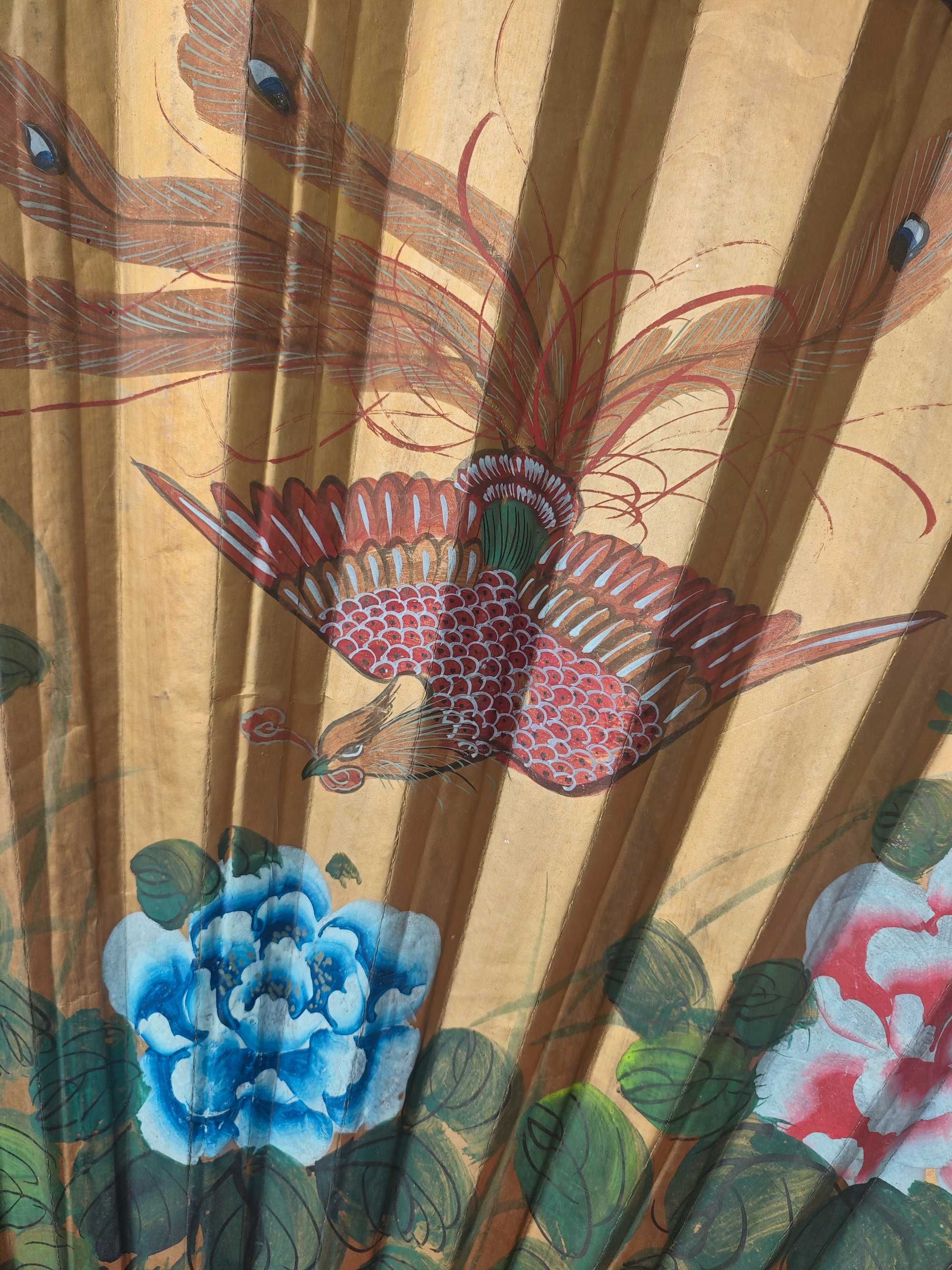 Duzy, piekny chinski wachlarz 180 cm x 102 cm Rajski ptak w kwiatach