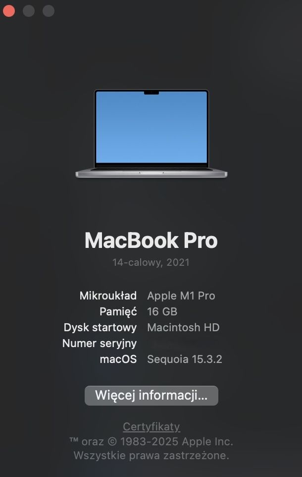 MacBook Pro M1 pro 14”, 512GB, 16GB RAM (jak nowy)