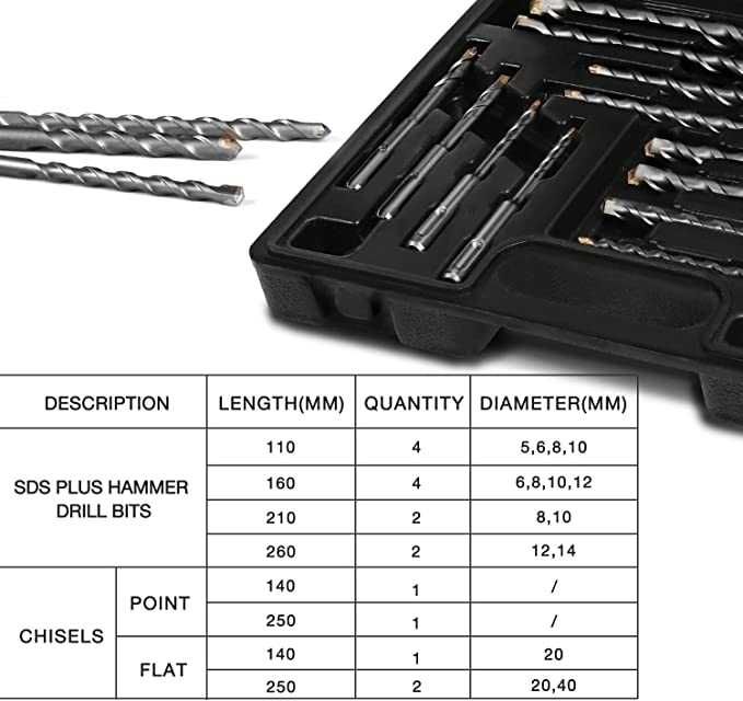 Conjunto Umi 17 peças kit de brocas e incéis SDS Plus, armazenamento