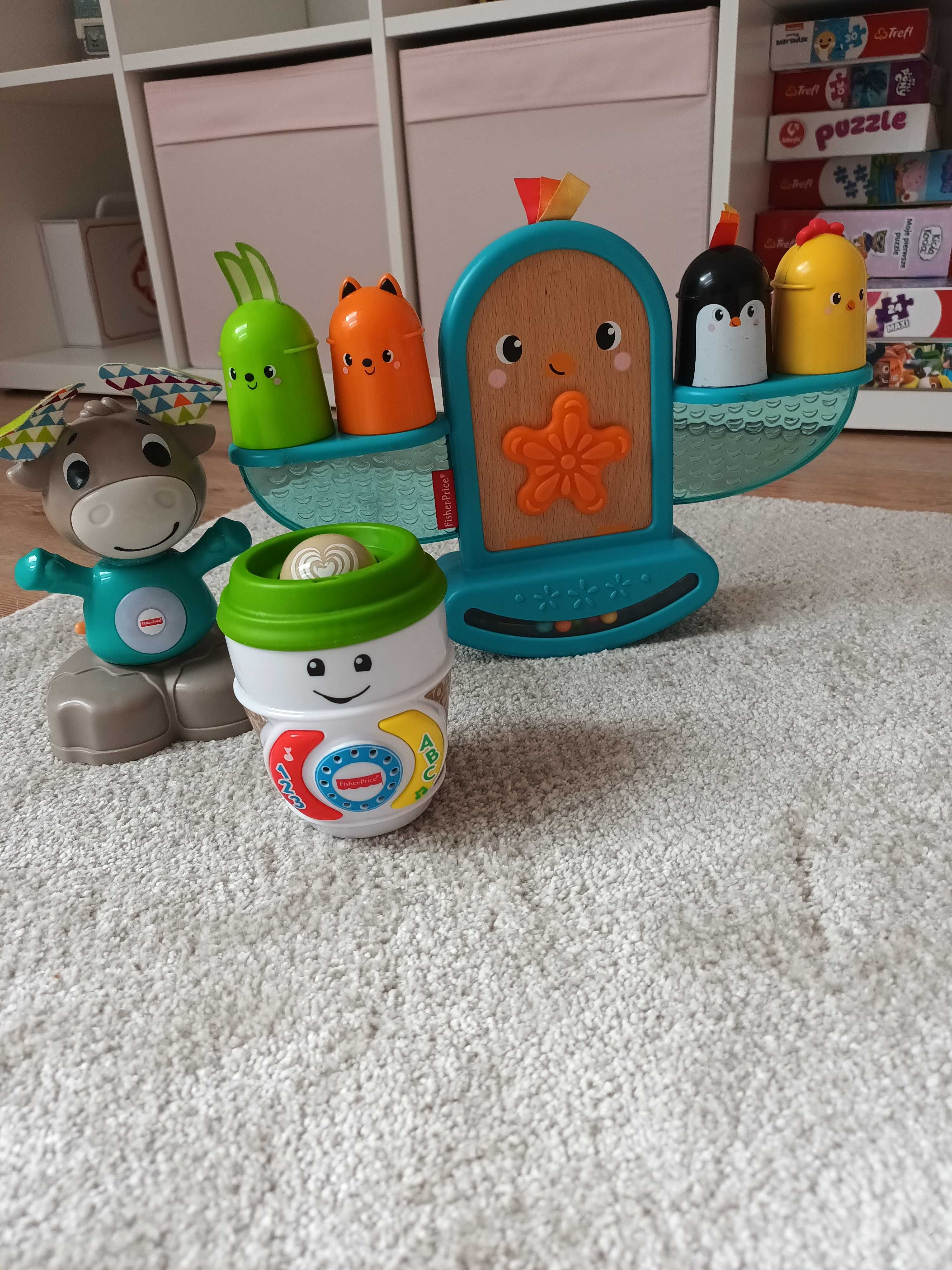 Zabawki fisher price, łoś, ptaszek kiwaczek, kubek kawka