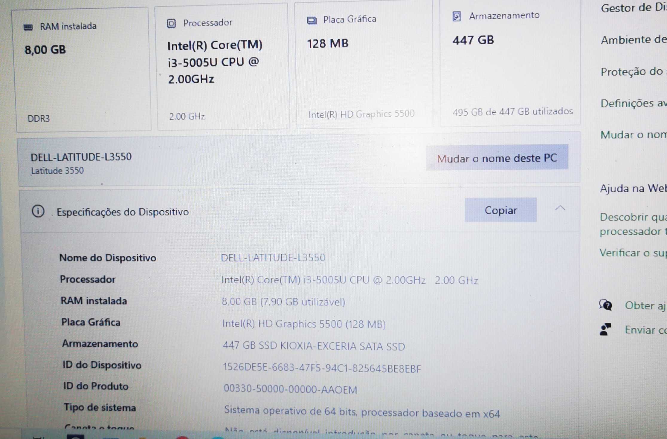 Portátil Dell Latitude 3550, Cpu i3-5005U, 8GB DDRIII, SSD 480GB