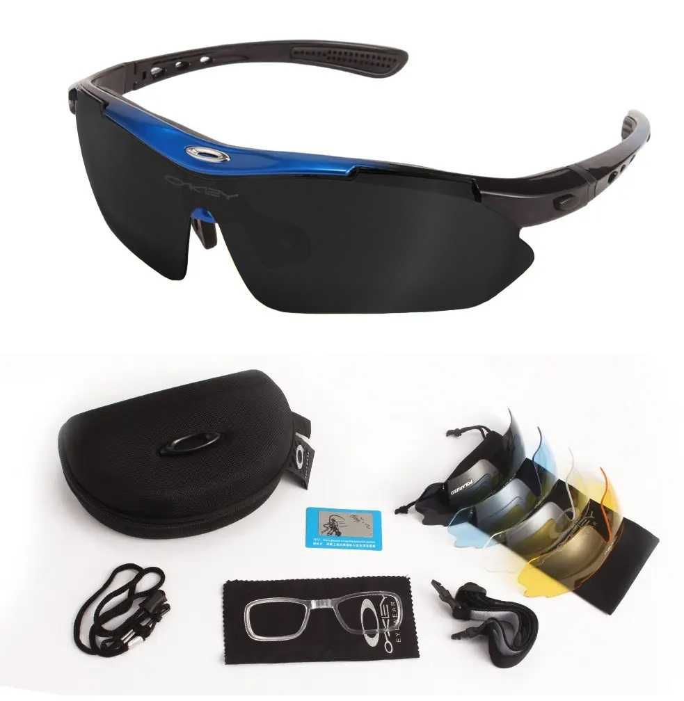 Солнцезащитные очки тактические черные с синим Oakley 5 линз