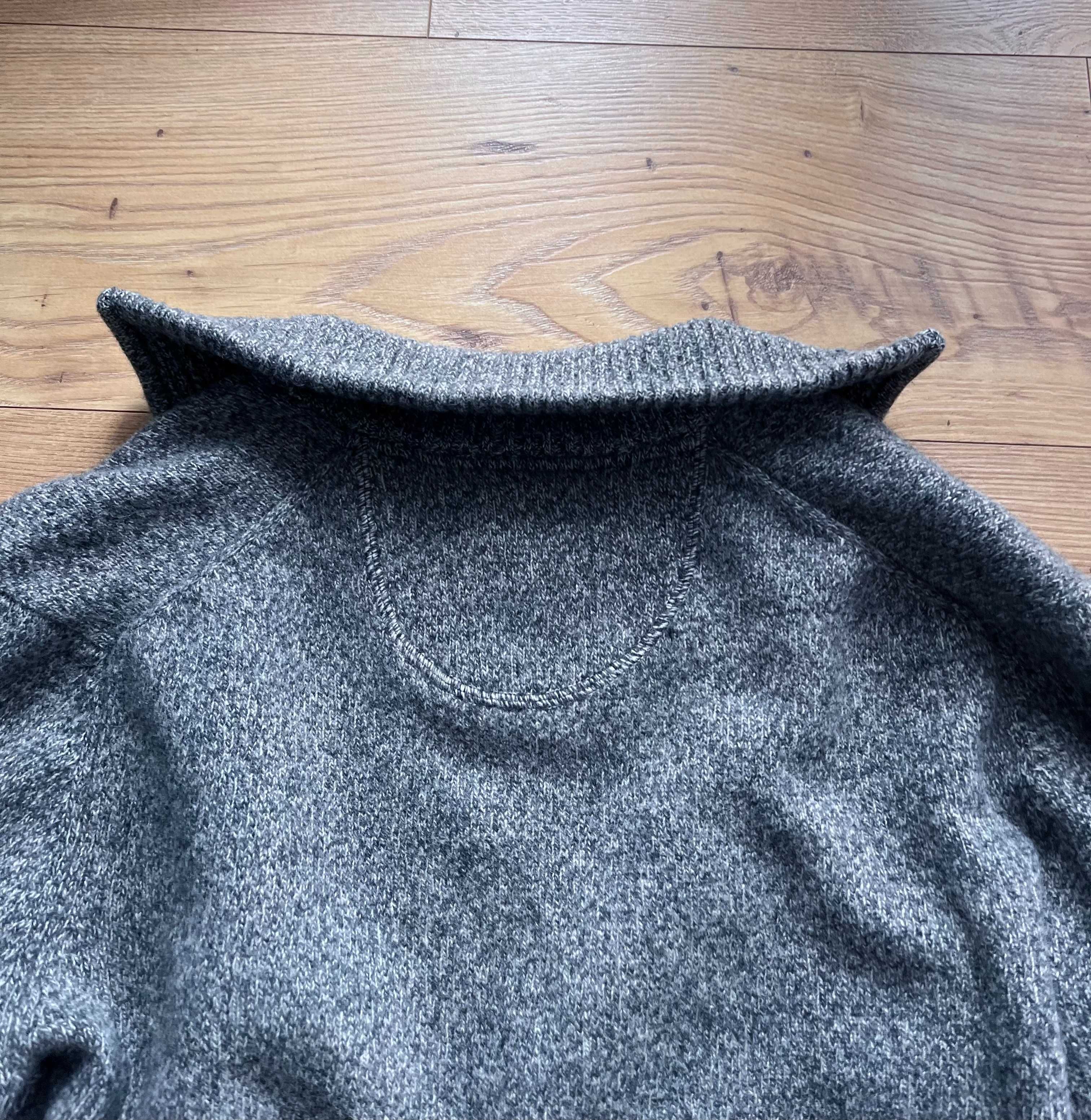 Kardigan szary wełna 80% rozsuwany L vintage oversize kołnierz sweter