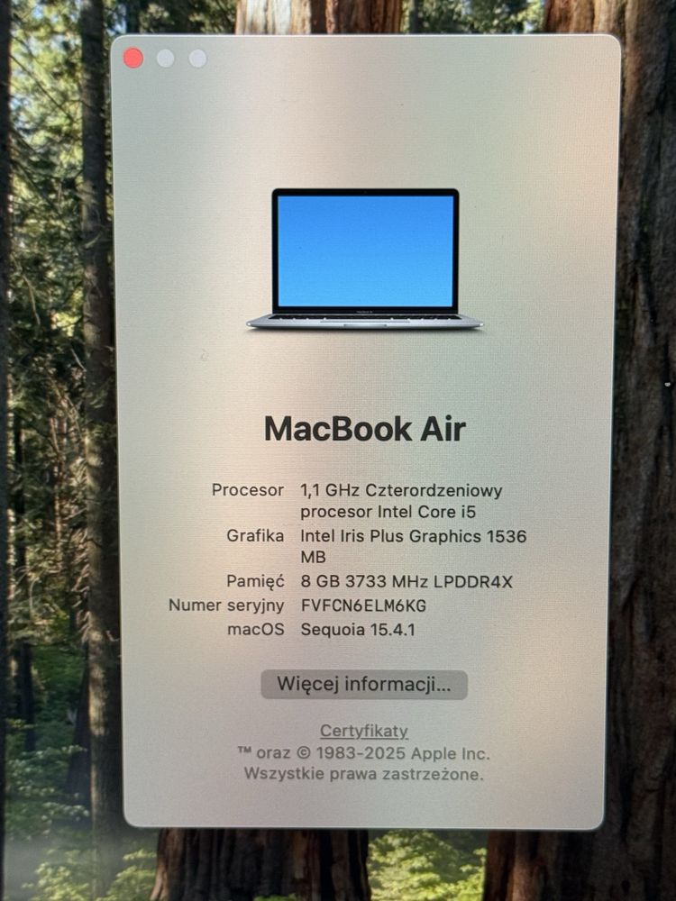 Macbook Air 2020r procesor i5,  8/512GB, bateria tylko 192 cykle
