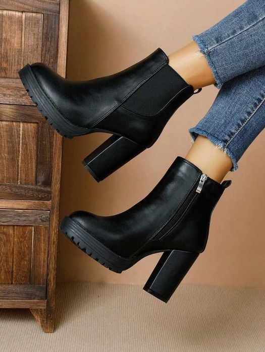 Czarne Botki Obcas Słupek Platformy Zip Eleganckie Modne Klasyczne 39
