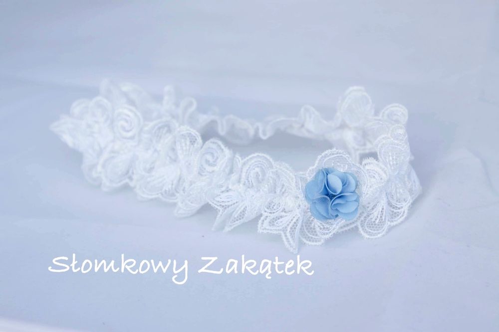 Podwiązka ślubna bialo-niebieska handmade