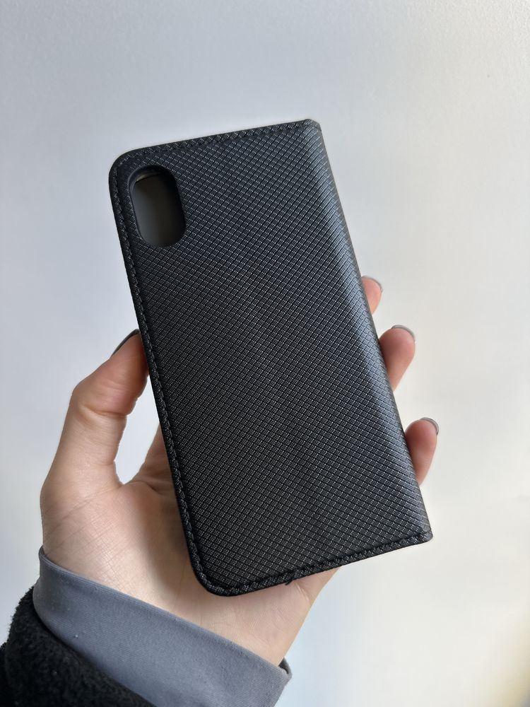 Szkło hartowane i etui zamykane czarne do IPHONE X/XS