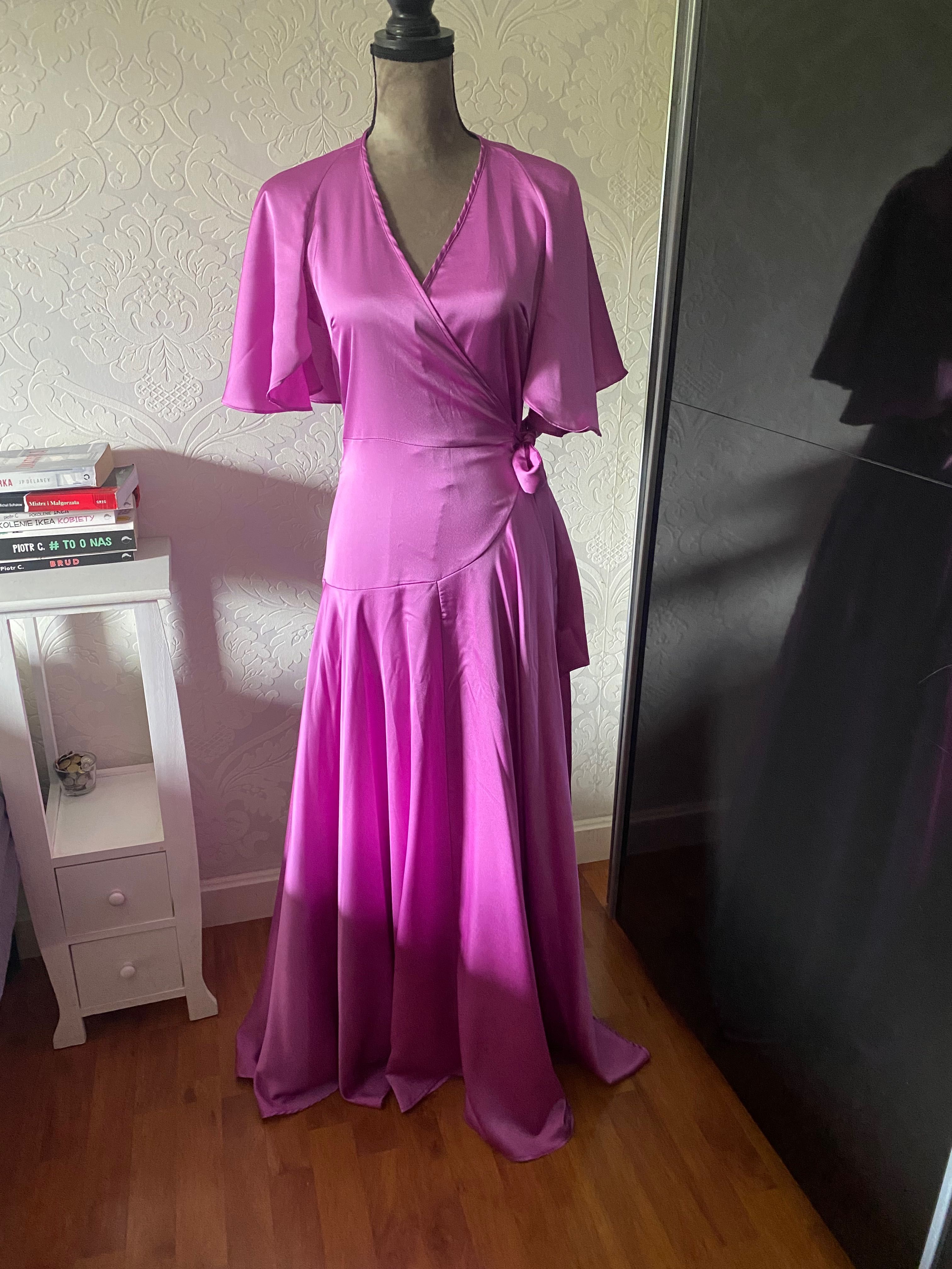 Nasty Gal różowa fioletowa sukienka maxi z odkrytymi plecami 34 XS