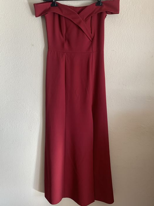 Bordowa sukienka maxi S M wieczorowa na wesele