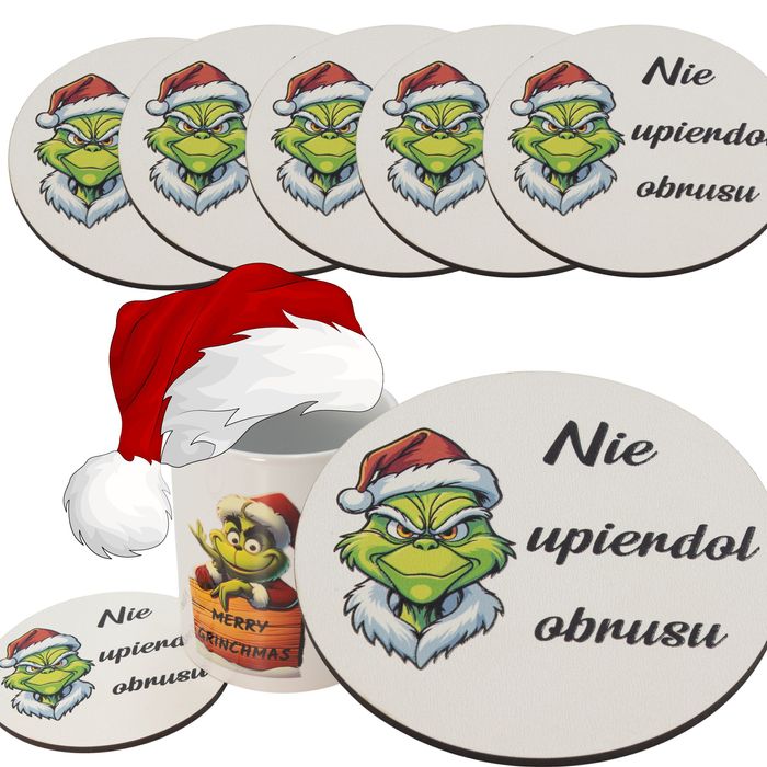 ZESTAW 5szt Podkładka pod kubek drewniana GRINCH na stół BIAŁE
