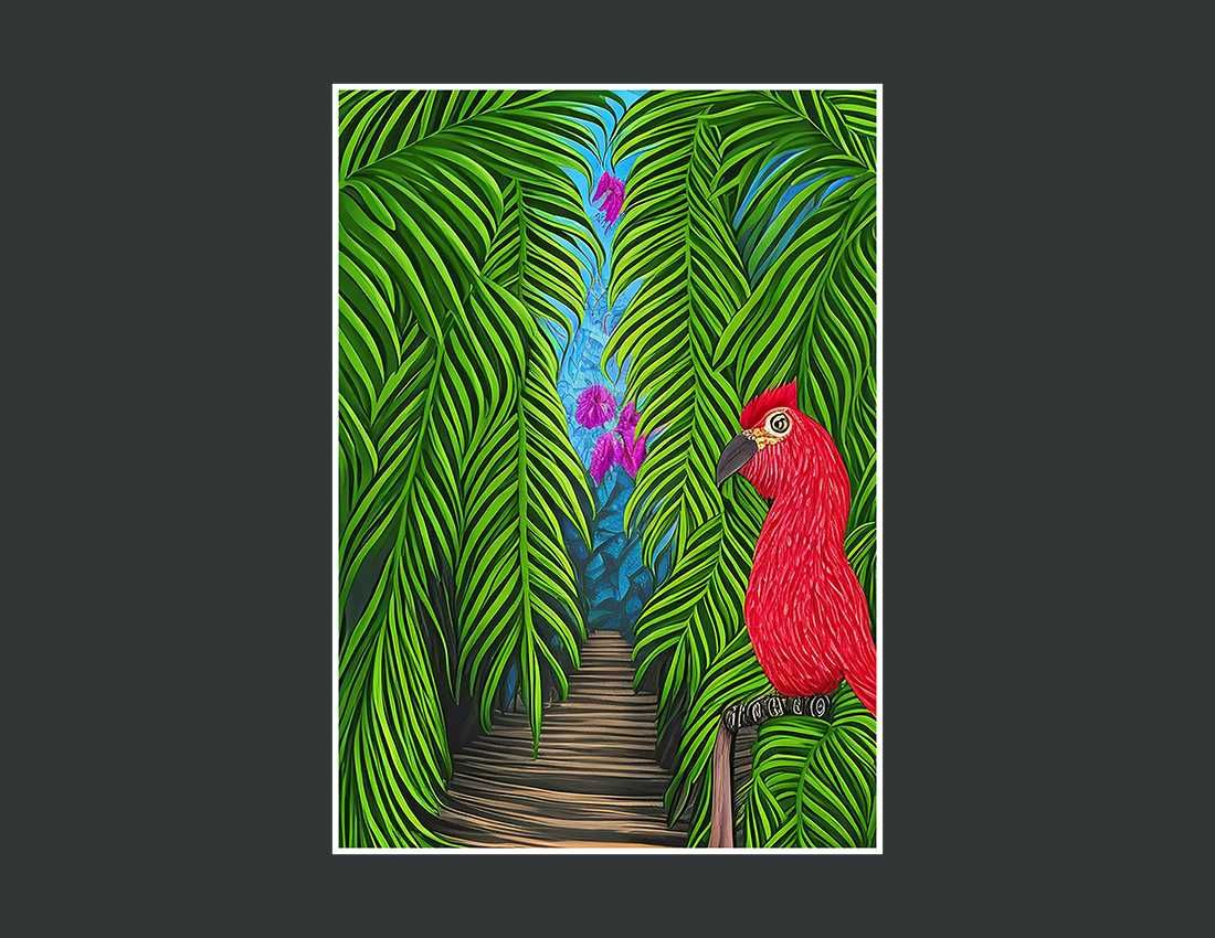 Plakat czerwona papuga w dżungli do salonu