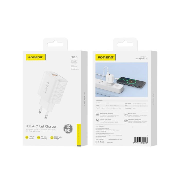Foneng Ładowarka Sieciowa Eu56 Gan - Usb + Typ C - Qc 3.0 Pd 20W Biała