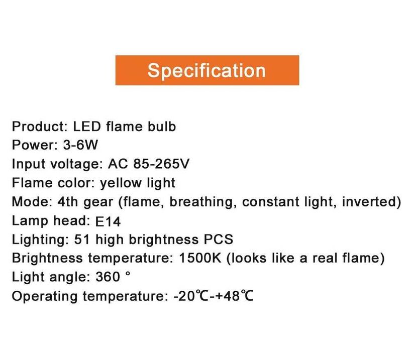 E14 LED żarówka pochodnia 4 tryby, symulacja ognia.