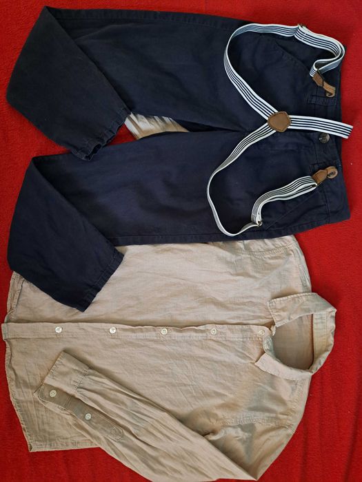 H&M spodnie granatowe galowe, koszula beżowa, r.122-128 ZESTAW