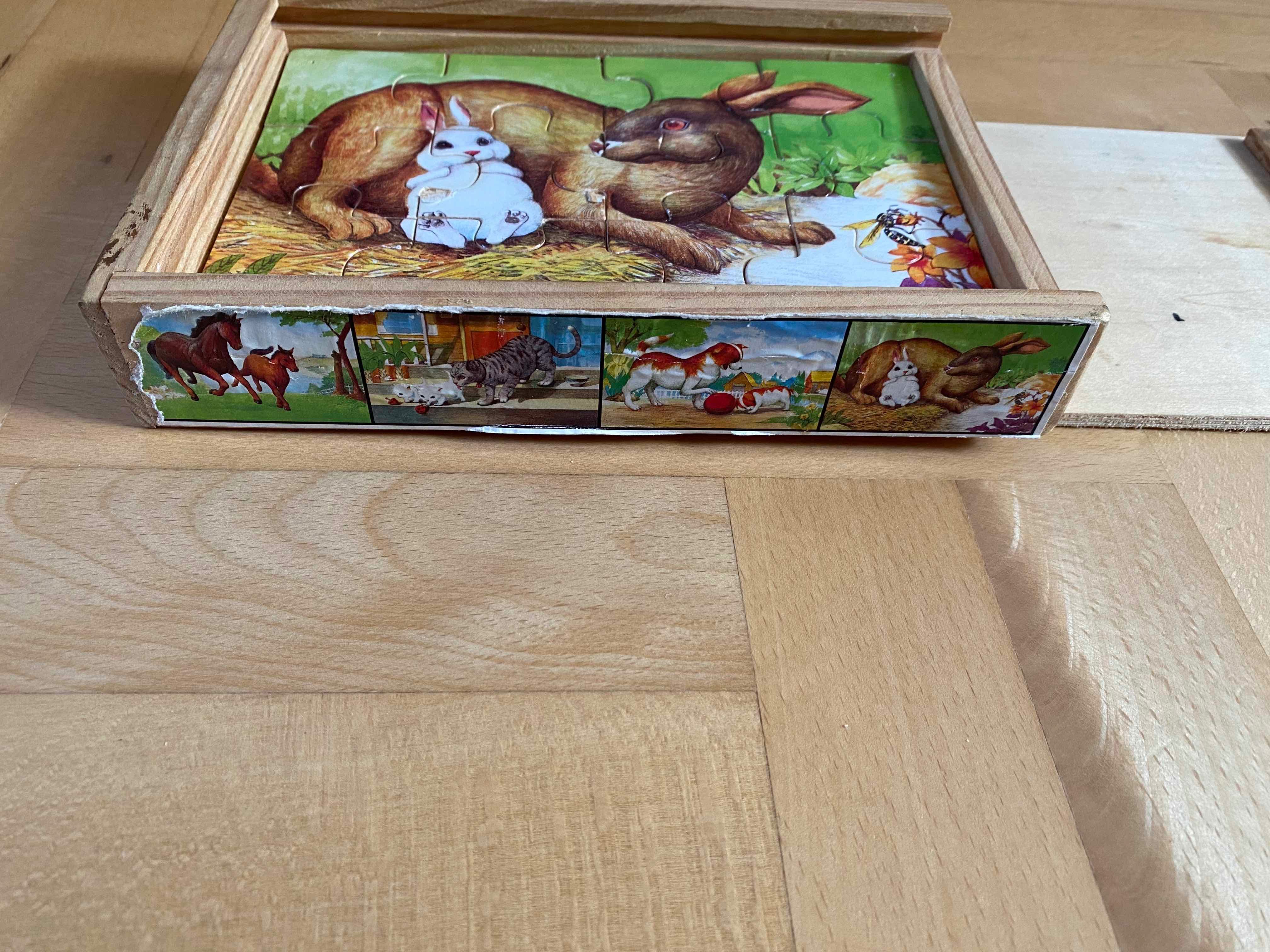 Puzzle w drewnianej skrzynce 4 obrazki 12 elementów każdy, dla dzieci