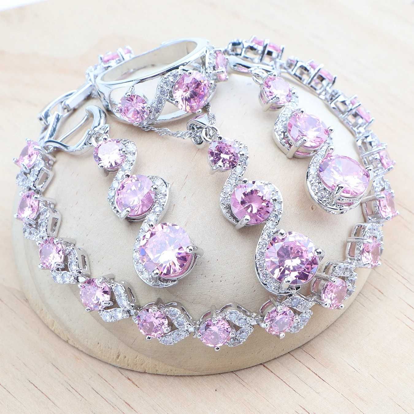 Komplet biżuterii srebrnej w kolorze różowym