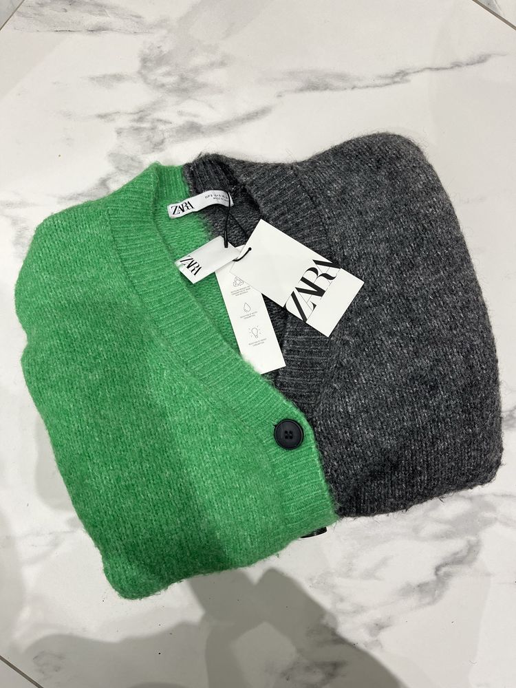ZARA nowy oversize dwukolorowy kardigan sweter zielony szary S