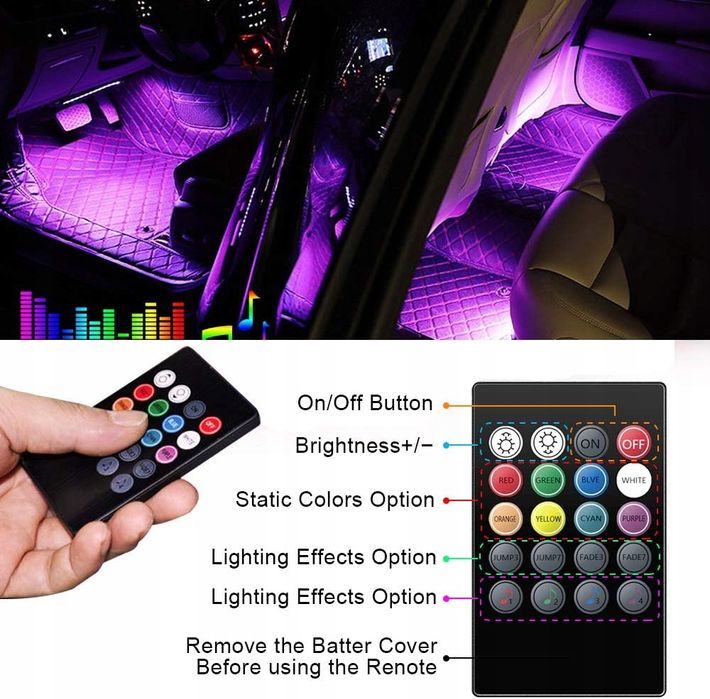 Oświetlenie Wnętrza Samochodu Listwa LED do Kabiny Auta RGB USB Pilot