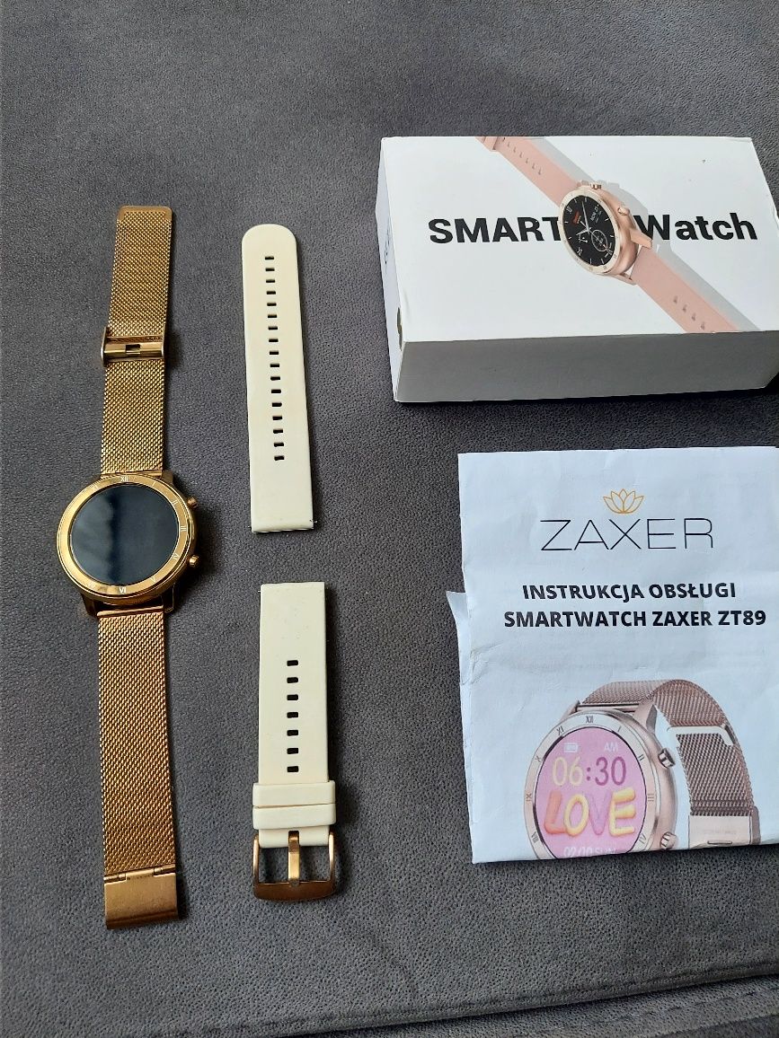 Smartwatch damski zaxer zt89 bransoletka stalowa złota i biała siliko