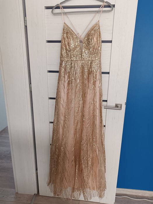 Sukienka złota cekinowa balowa sylwestrowa na ślub poprawiny r. S
