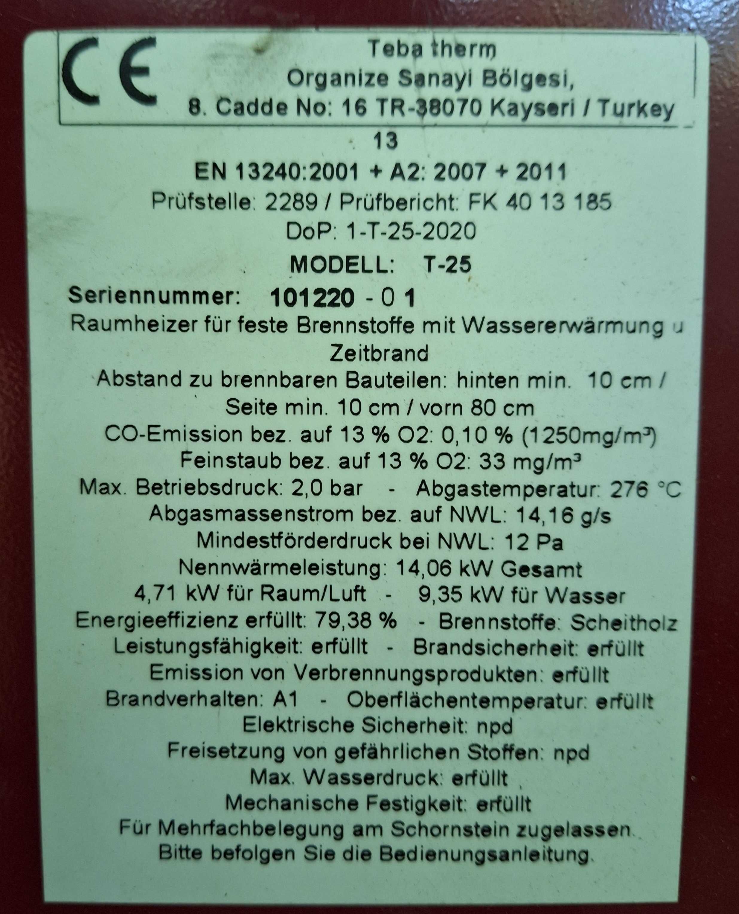 3-letni Używany Piec C.O Teba  T-25  14.06 kW + Akcesoria