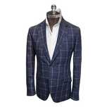 HACKETT LONDON - Granatowa Lniana Marynarka w Kratę Windowpane (48)