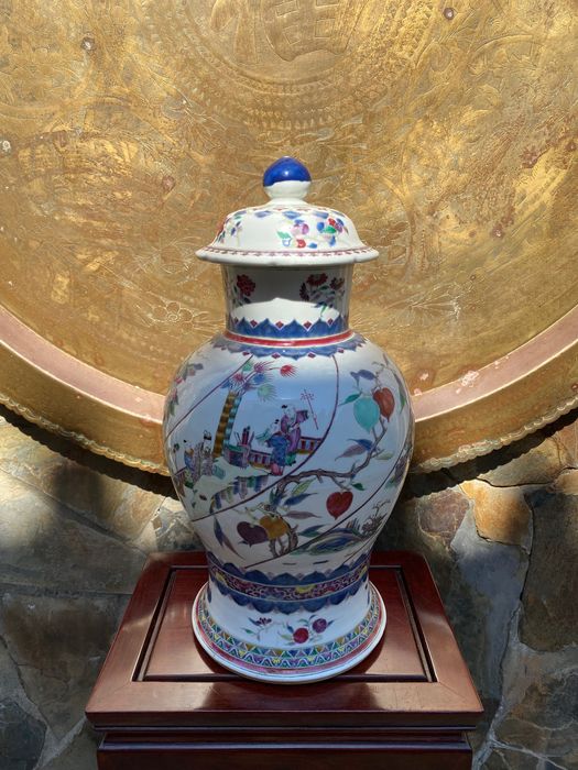 Pote de Chá Talha Porcelana Chinesa séc XVIII 56 cm Assinado