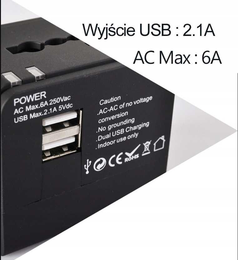 Uniwersalny adapter podróżny z 2 portami USB 1500W