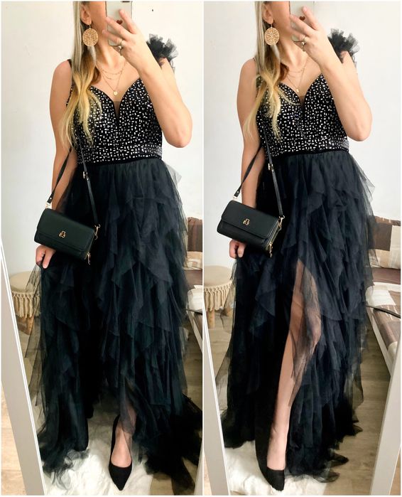 Sukienka Damska czarna długa zjawiskowa wieczorowa L