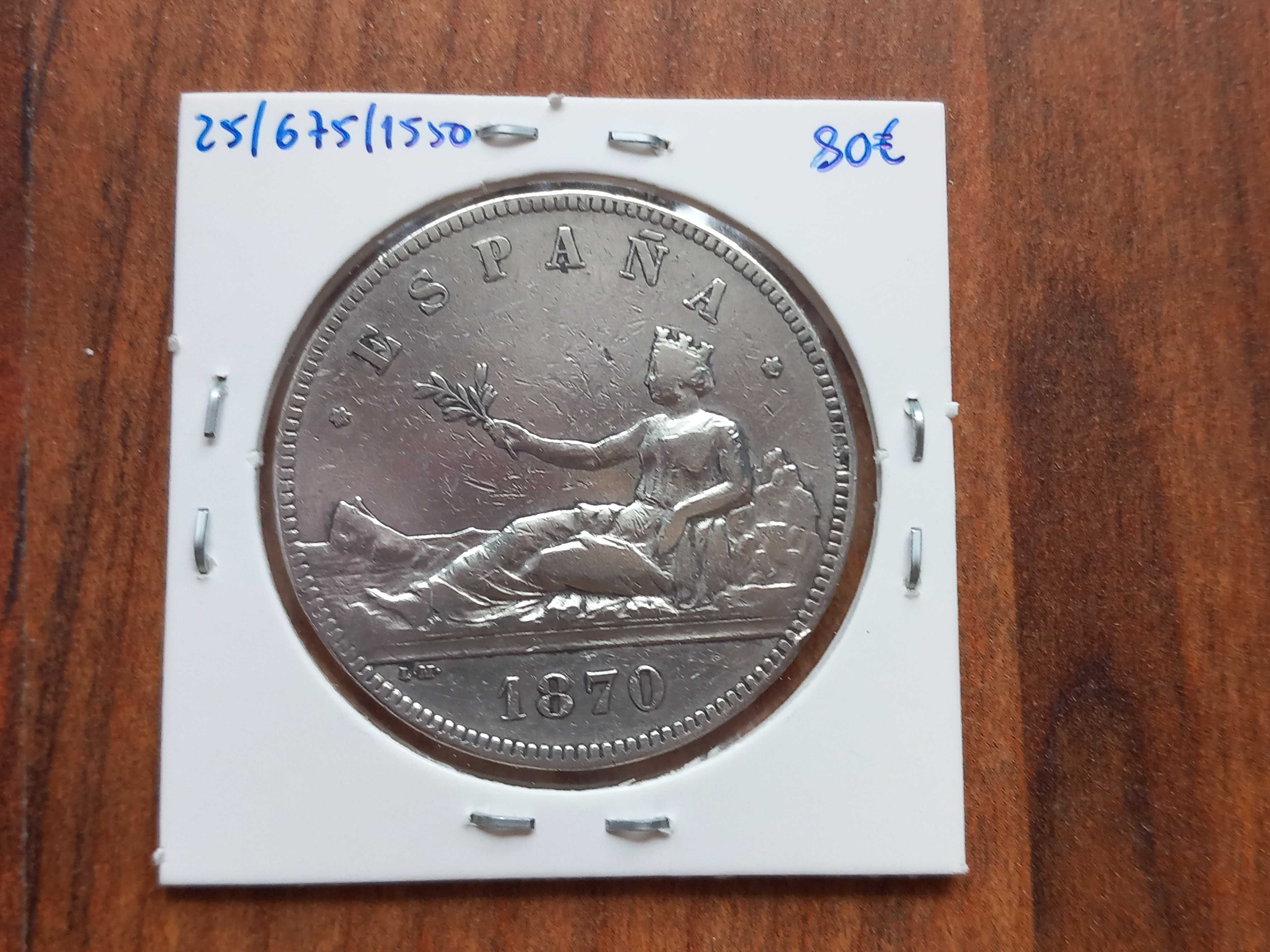 Moeda 5 Pesetas 1870 Espanha