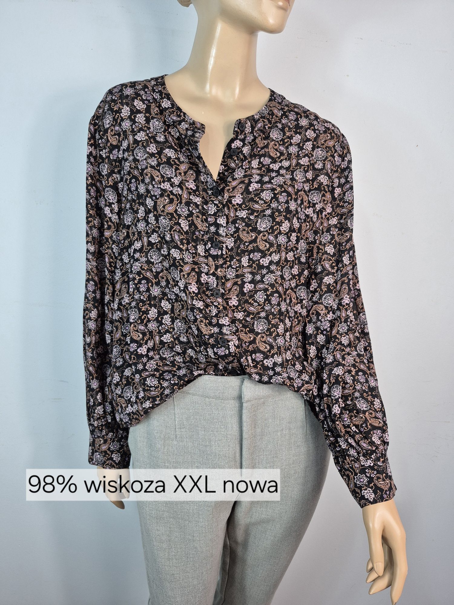 Czarna bluzka paisley z metaliczną nitką, Marks & Spencer, rozmiar 16,