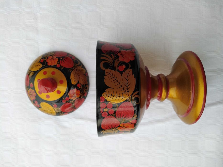 Khokhloma Artesanato Madeira - Taça com Tampa
