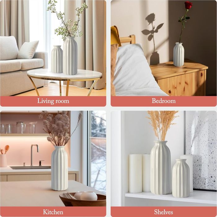 Ceramiczny Wazon Zestaw 2 Sztuki Żebrowane w Stylu Boho Białe