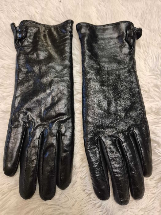 Рукавички шкіряні подовжені/зима/ р.8(м) чорні-сатин